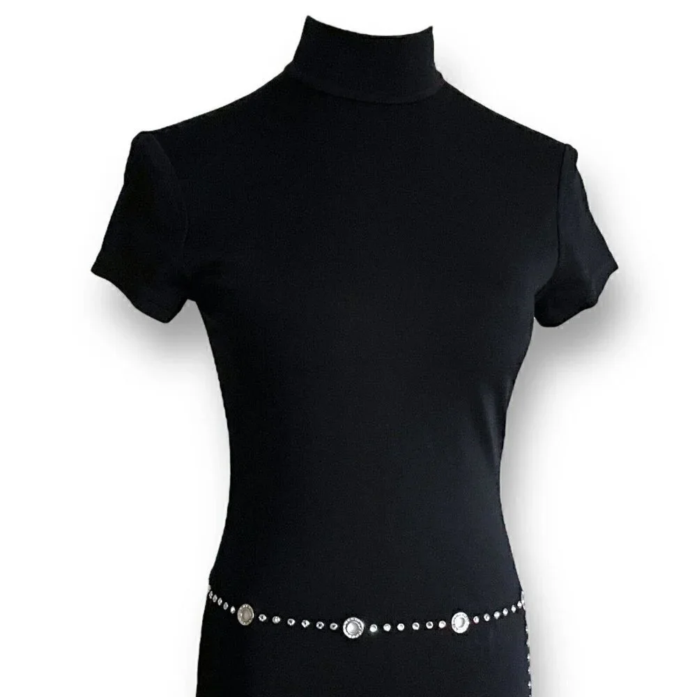 Vintage 90s Tadashi Dress XSP XS Petite Black Bodycon Mock Neck Rhinestone Belt